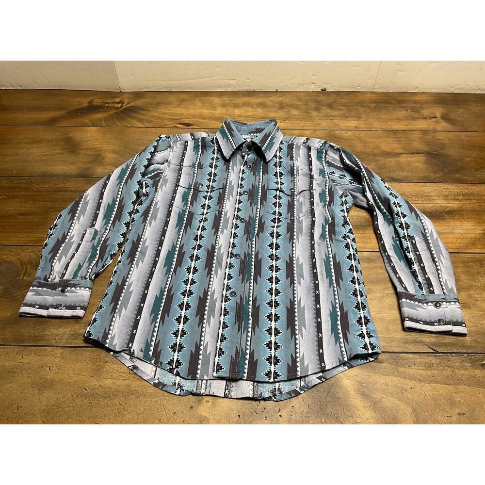 Wrangler Boys Checotah Size M Southwestern Striped Pearl Snap Western Shirt